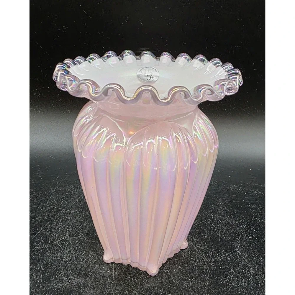 Vintage Fenton Art Glass 95th Anniversary Crimped Pink Cased Vase 5